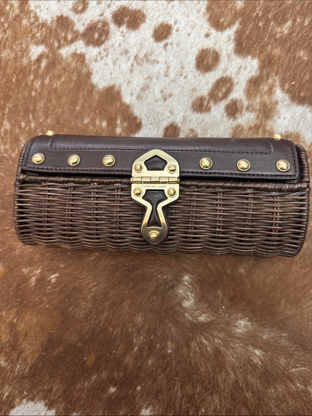 Michael Kors Brown Woven Wicker Clutch with Gold Hardware